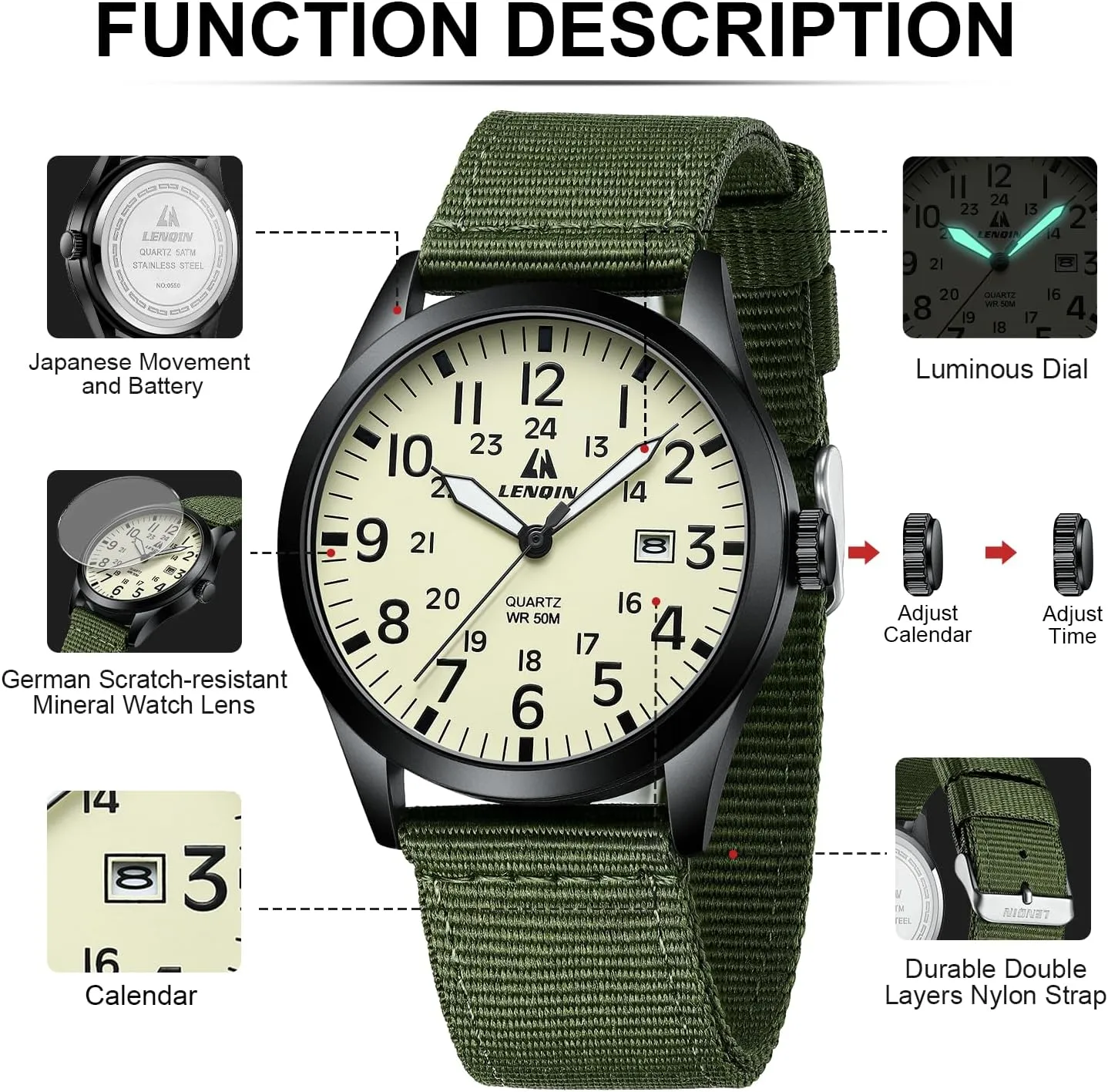 LN LENQIN Mens Watches Unisex Military Sport Nylon Strap Stylish Luminous Fashion Analog Quartz Watch for Men Waterproof Army Tactical Casual Wristwatch