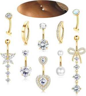 LOLIAS 10 Pcs Gold Belly Button Ring -Dangle Surgical Stainless Steel Belly Rings for Women 14G CZ Heart Opal Clicker Floating Navel Belly Button Piercing Silver/Gold/Pink
