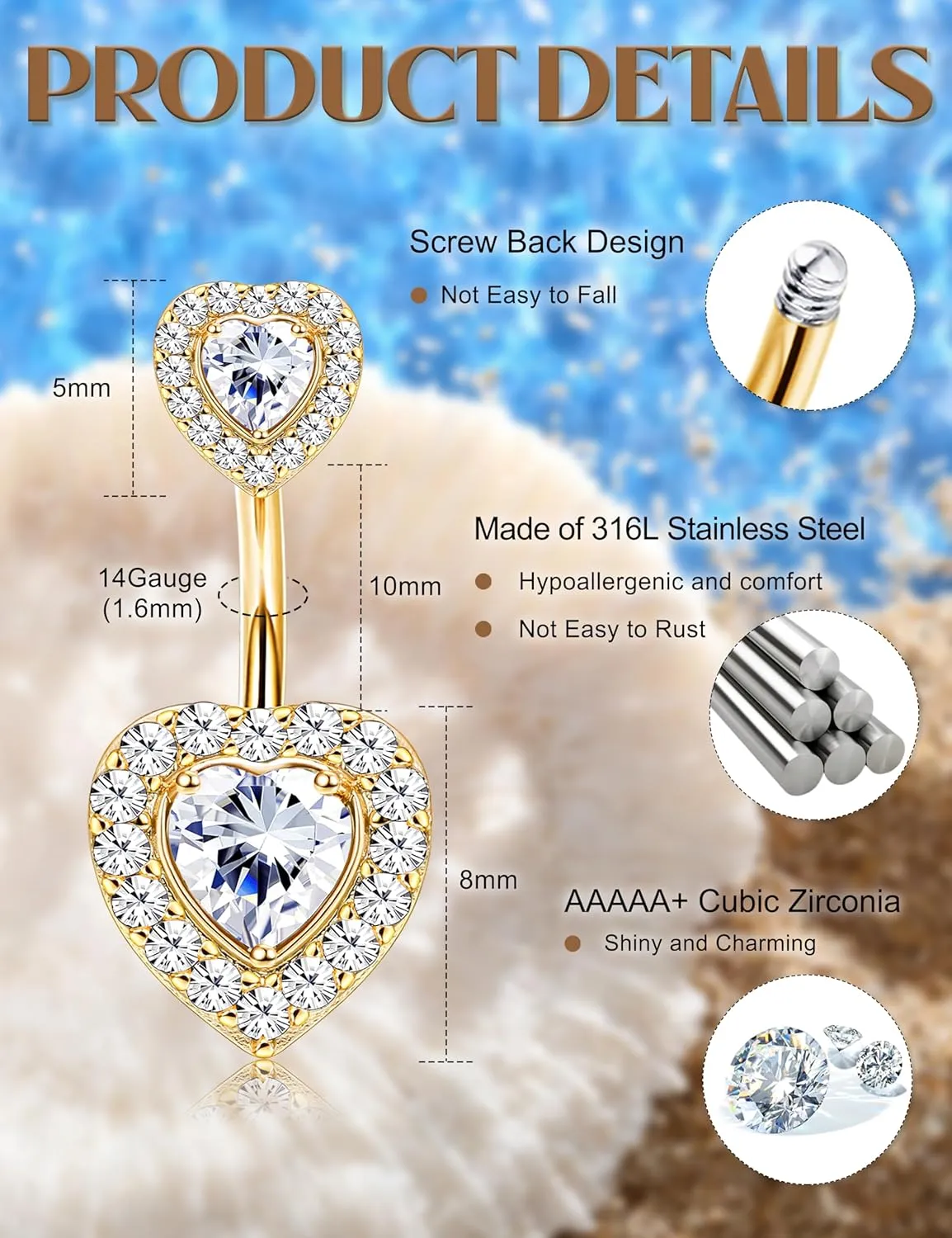 LOLIAS 10 Pcs Gold Belly Button Ring -Dangle Surgical Stainless Steel Belly Rings for Women 14G CZ Heart Opal Clicker Floating Navel Belly Button Piercing Silver/Gold/Pink