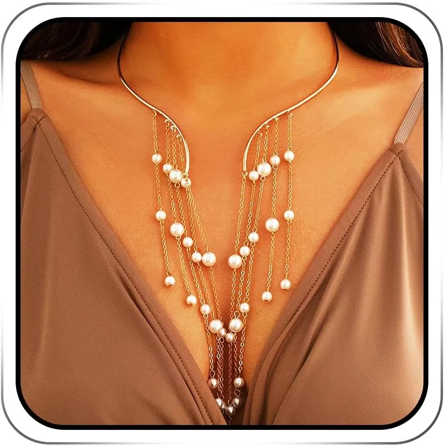 Long Pearl Tassel Necklace Gold Dainty Beads Layered Necklaces Retro Prom Costume Neck Accessory for women