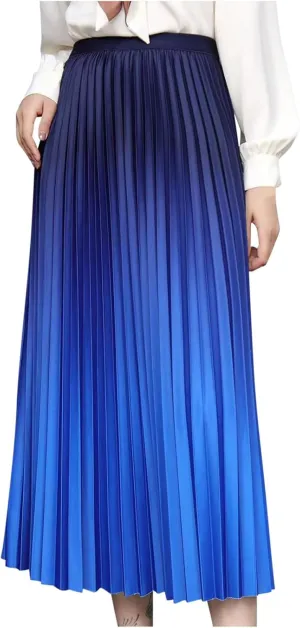 Long Skirts for Women Gradient Color Pleated Midi Skirt High Waist a Line Ruffle Skirt Flowy Swing Maxi Half Skirt