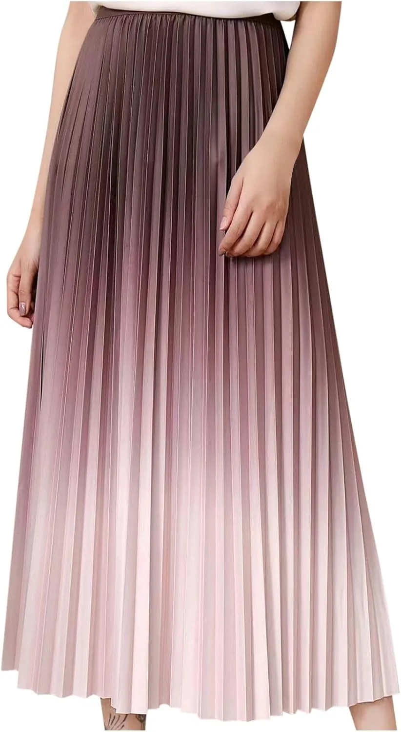Long Skirts for Women Gradient Color Pleated Midi Skirt High Waist a Line Ruffle Skirt Flowy Swing Maxi Half Skirt