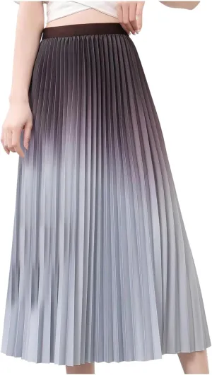 Long Skirts for Women Gradient Color Pleated Midi Skirt High Waist a Line Ruffle Skirt Flowy Swing Maxi Half Skirt