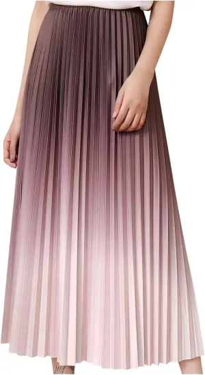 Long Skirts for Women Gradient Color Pleated Midi Skirt High Waist a Line Ruffle Skirt Flowy Swing Maxi Half Skirt