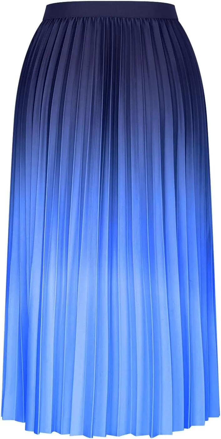 Long Skirts for Women Gradient Color Pleated Midi Skirt High Waist a Line Ruffle Skirt Flowy Swing Maxi Half Skirt