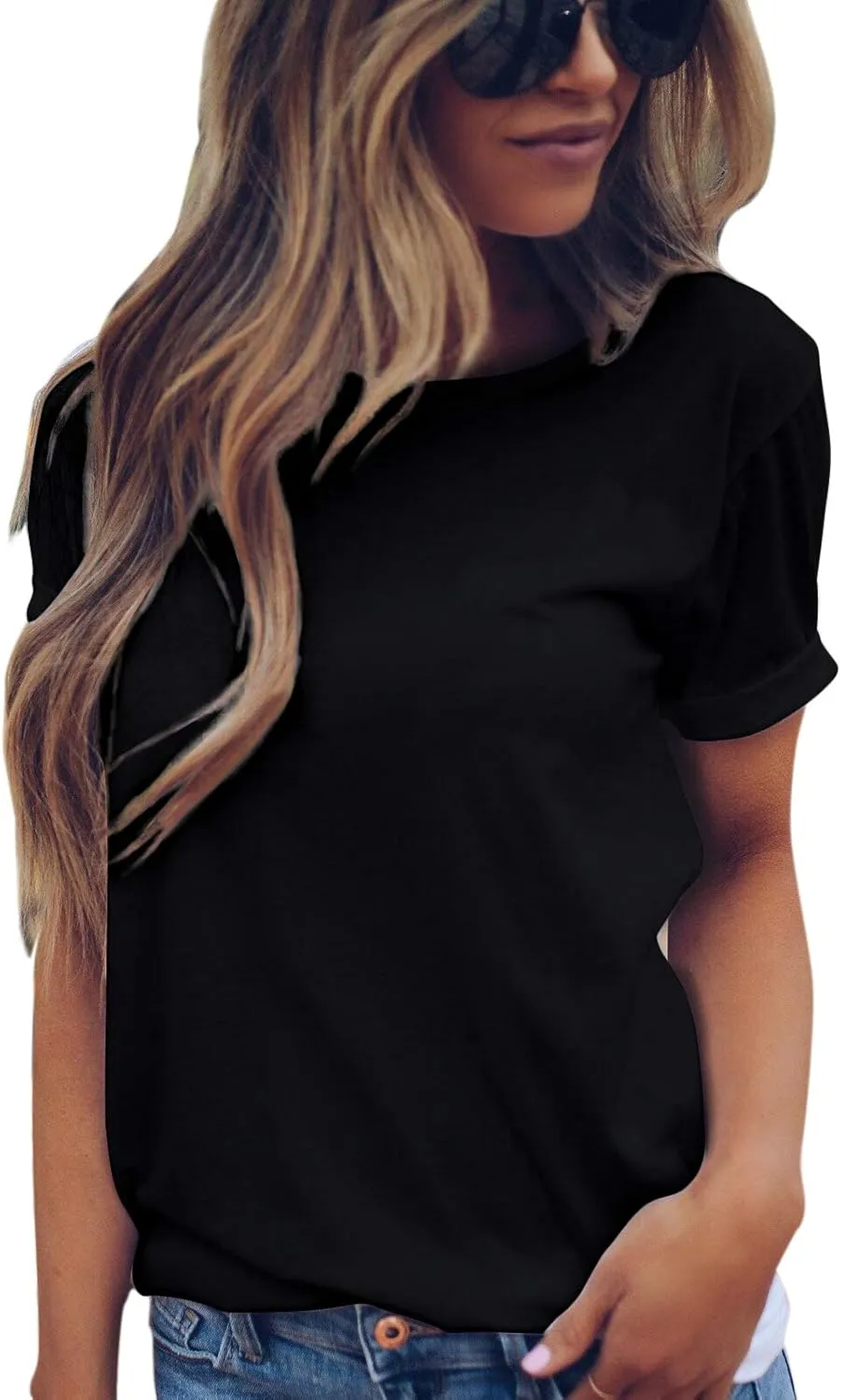 LOVFEE Women's Basic Cotton Crewneck O-Neck Short Sleeve Loose Casual T-Shirts