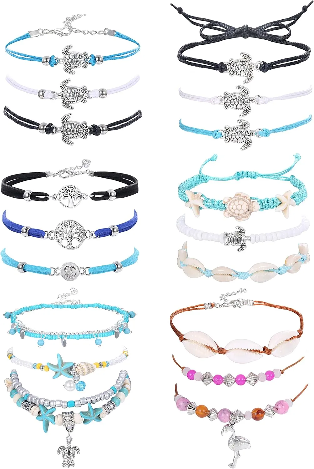 LOYALLOOK 18Pcs Anklet Bracelets for Womens Ankle Chain Turtle Wave Anklet Beach Ankle Bracelets Foot Jewelry for Women