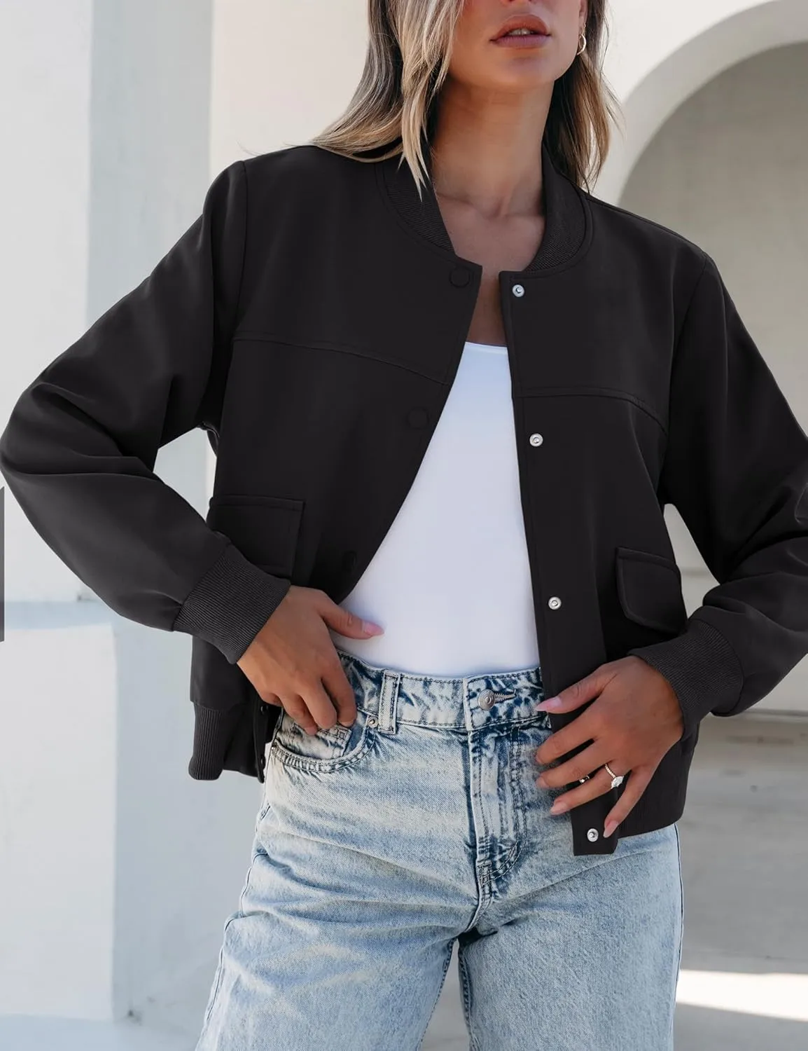 luvamia Bomber Jackets for Women Fall Casual Button Down Long Sleeves Trendy Varsity Jacket Outerwear Coat with Pockets