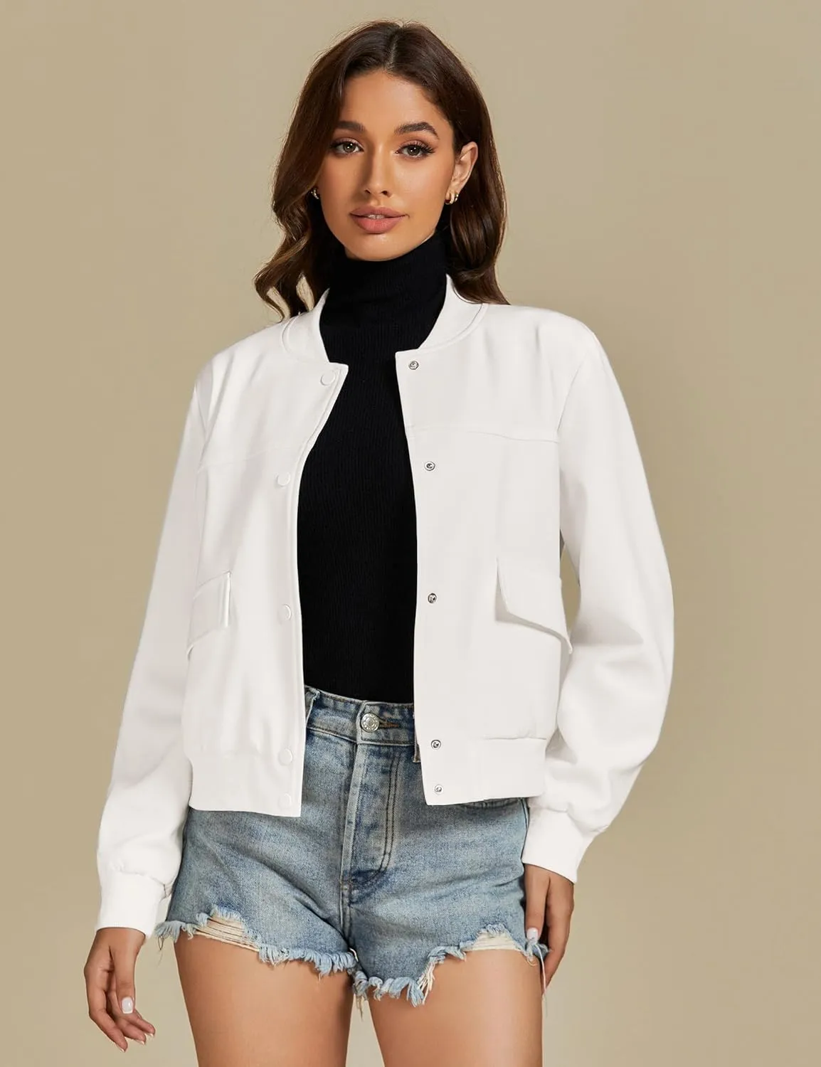 luvamia Bomber Jackets for Women Fall Casual Button Down Long Sleeves Trendy Varsity Jacket Outerwear Coat with Pockets