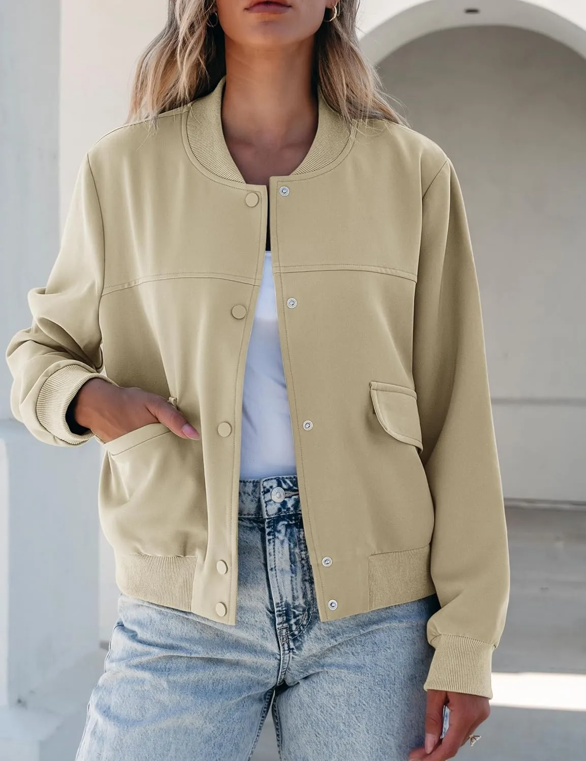 luvamia Bomber Jackets for Women Fall Casual Button Down Long Sleeves Trendy Varsity Jacket Outerwear Coat with Pockets