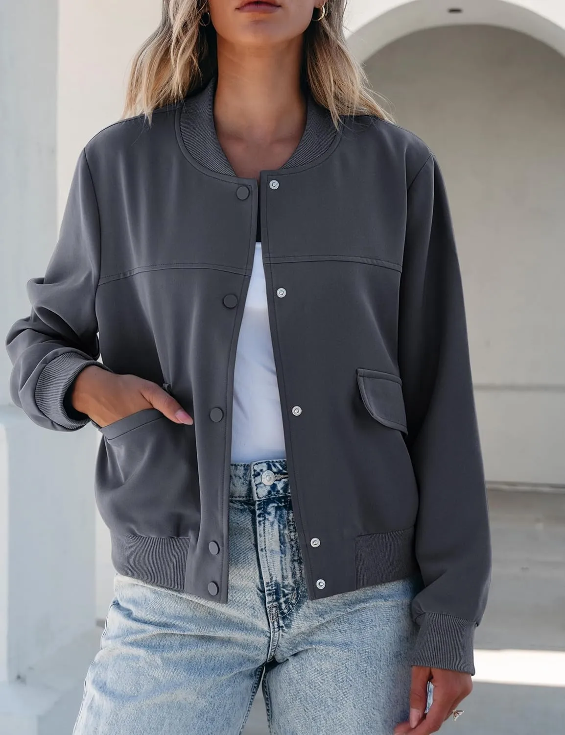 luvamia Bomber Jackets for Women Fall Casual Button Down Long Sleeves Trendy Varsity Jacket Outerwear Coat with Pockets