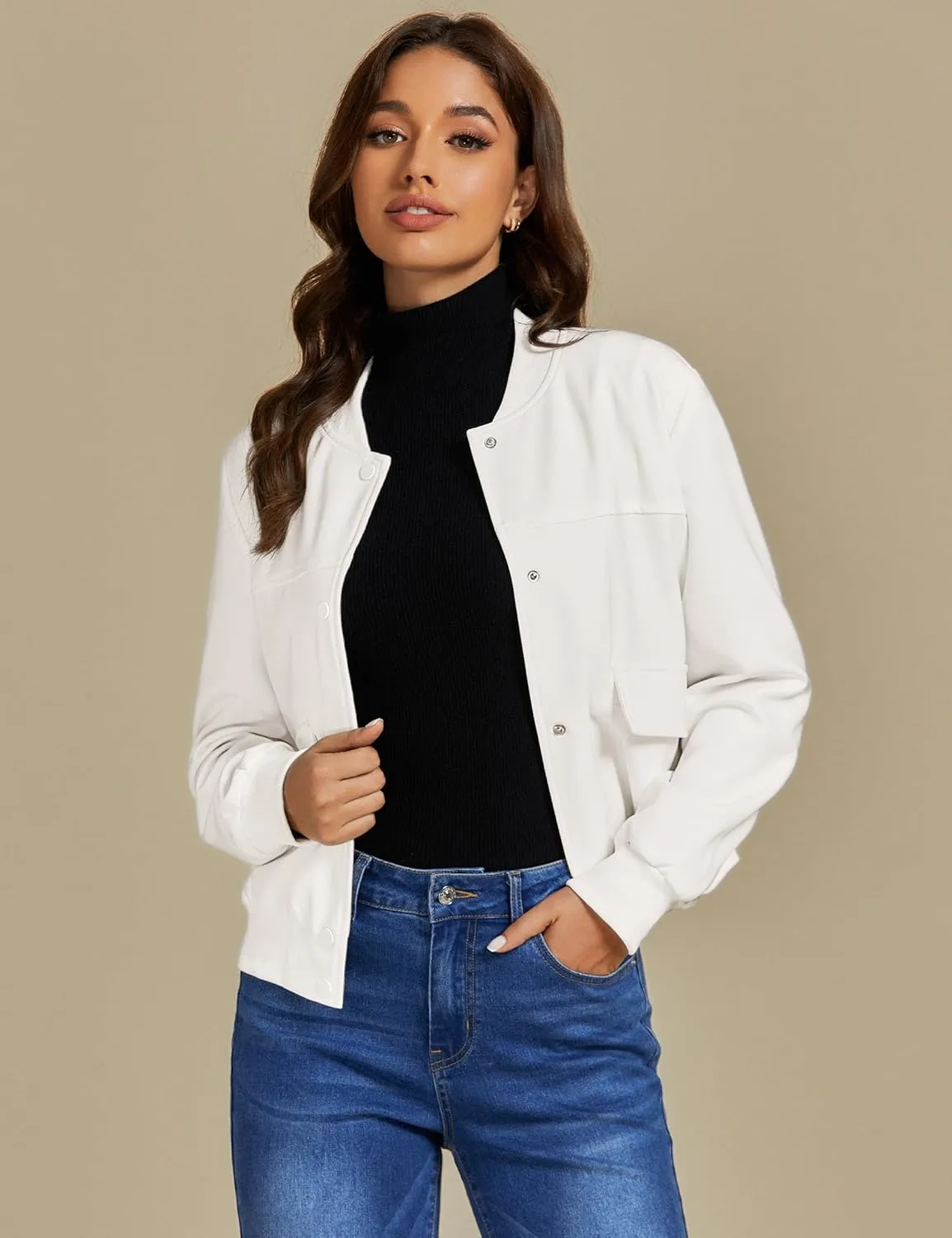 luvamia Bomber Jackets for Women Fall Casual Button Down Long Sleeves Trendy Varsity Jacket Outerwear Coat with Pockets