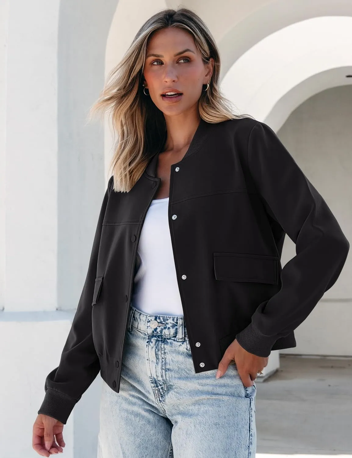 luvamia Bomber Jackets for Women Fall Casual Button Down Long Sleeves Trendy Varsity Jacket Outerwear Coat with Pockets