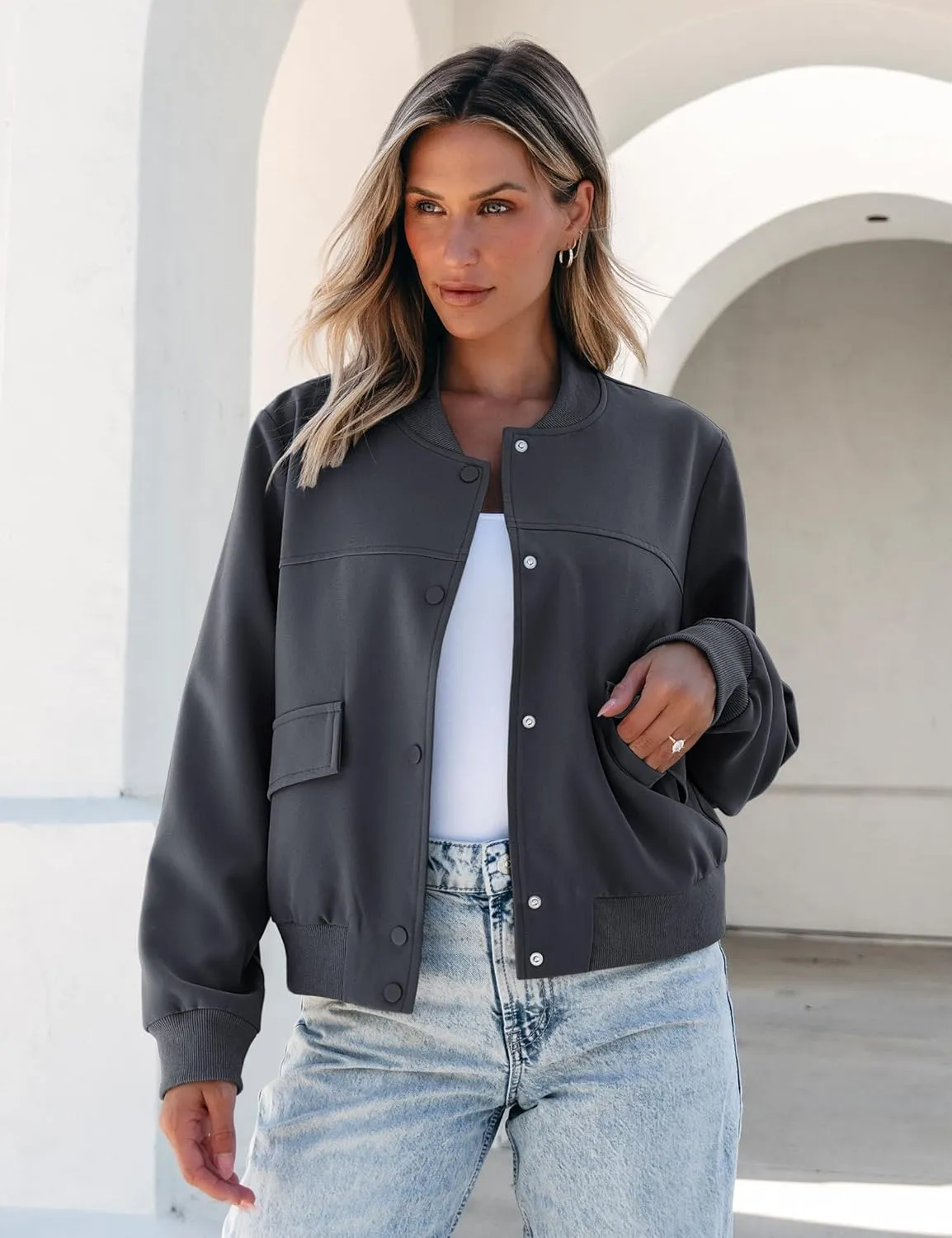 luvamia Bomber Jackets for Women Fall Casual Button Down Long Sleeves Trendy Varsity Jacket Outerwear Coat with Pockets