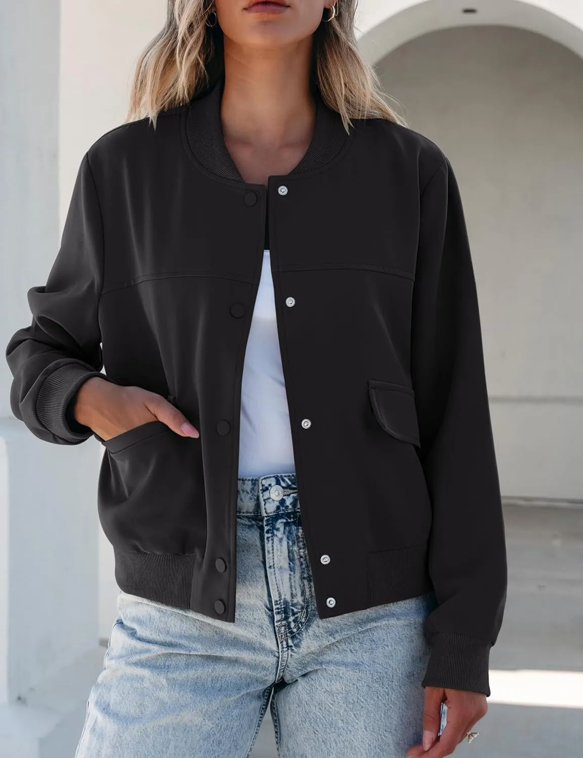 luvamia Bomber Jackets for Women Fall Casual Button Down Long Sleeves Trendy Varsity Jacket Outerwear Coat with Pockets