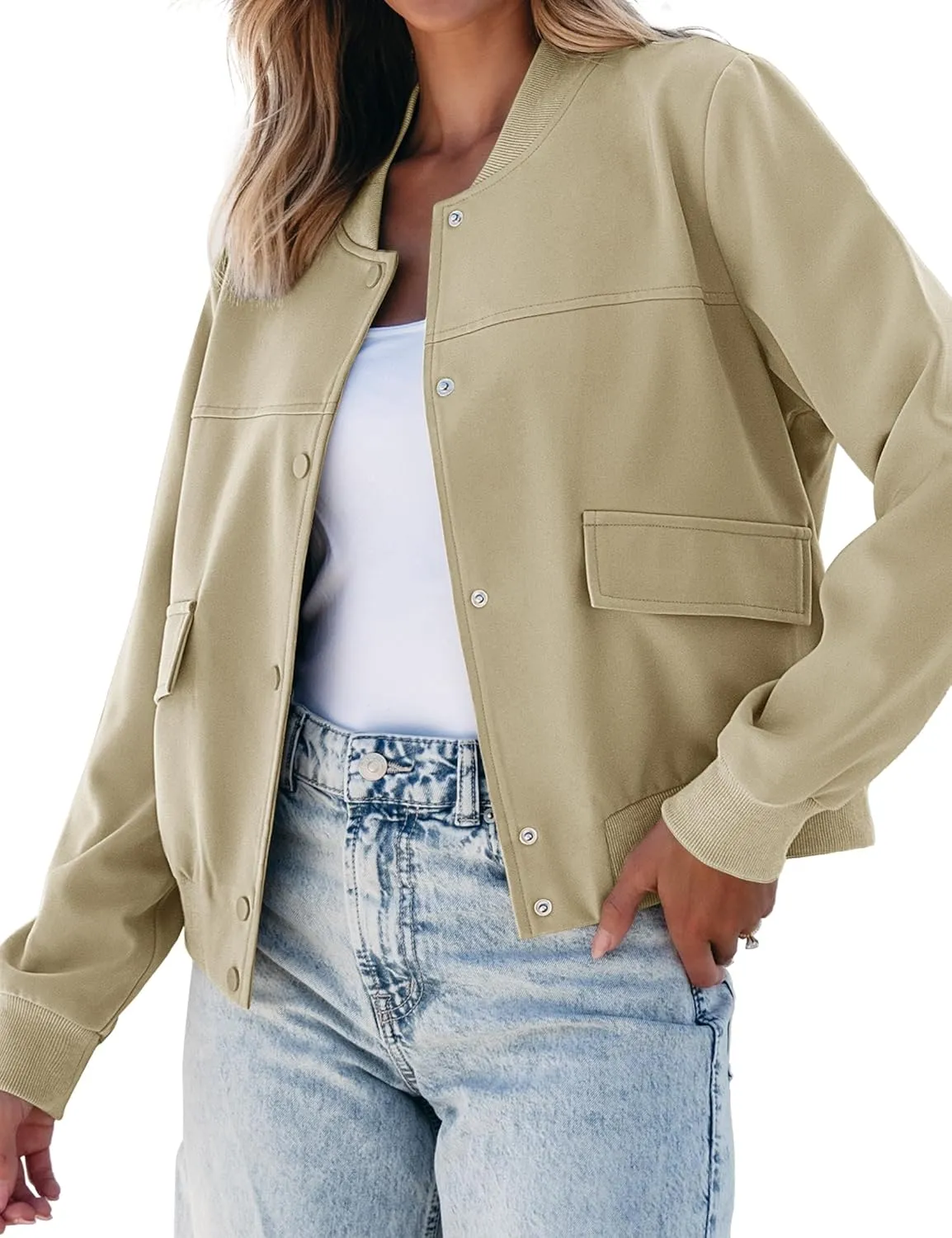 luvamia Bomber Jackets for Women Fall Casual Button Down Long Sleeves Trendy Varsity Jacket Outerwear Coat with Pockets