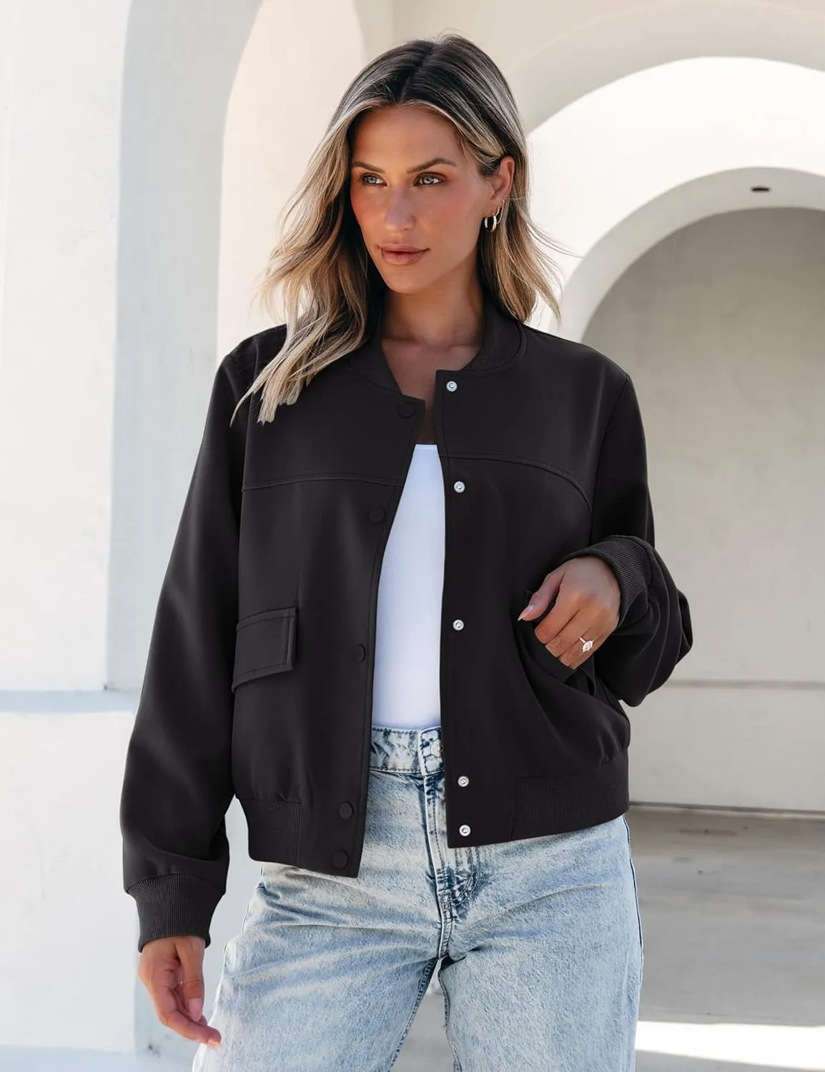 luvamia Bomber Jackets for Women Fall Casual Button Down Long Sleeves Trendy Varsity Jacket Outerwear Coat with Pockets