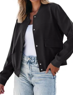 luvamia Bomber Jackets for Women Fall Casual Button Down Long Sleeves Trendy Varsity Jacket Outerwear Coat with Pockets