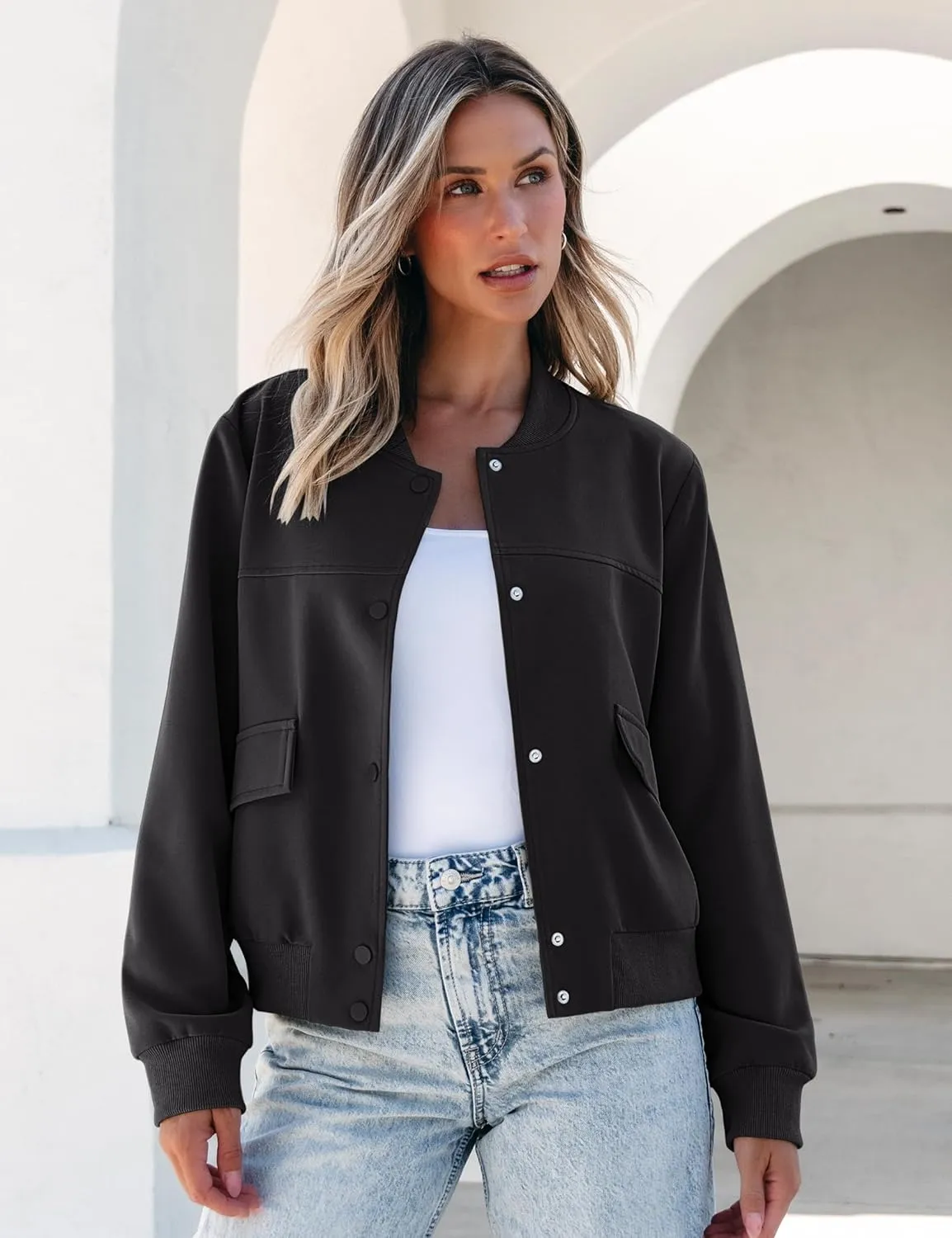 luvamia Bomber Jackets for Women Fall Casual Button Down Long Sleeves Trendy Varsity Jacket Outerwear Coat with Pockets