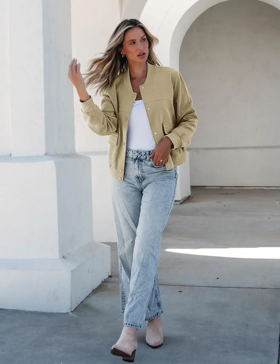 luvamia Bomber Jackets for Women Fall Casual Button Down Long Sleeves Trendy Varsity Jacket Outerwear Coat with Pockets