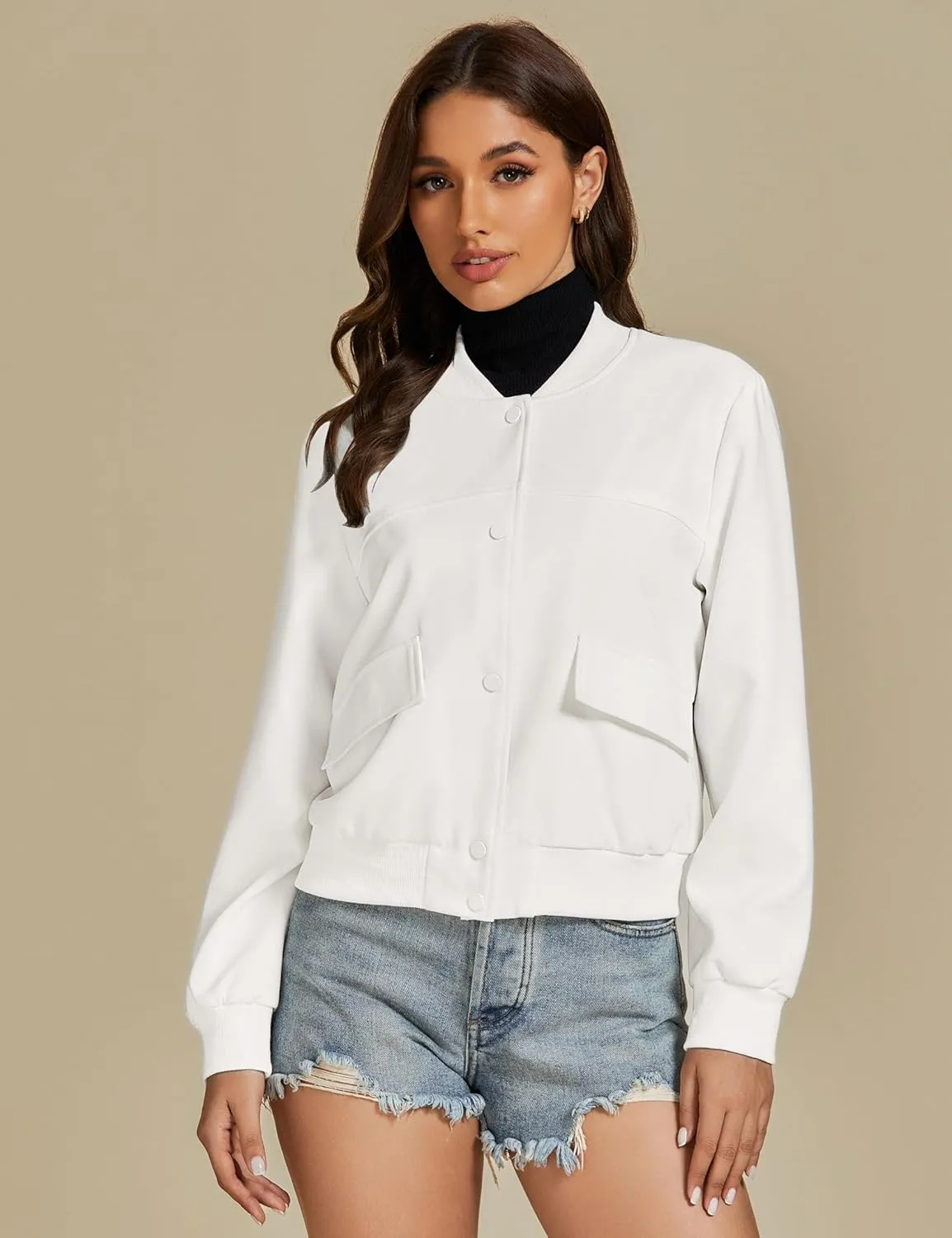luvamia Bomber Jackets for Women Fall Casual Button Down Long Sleeves Trendy Varsity Jacket Outerwear Coat with Pockets