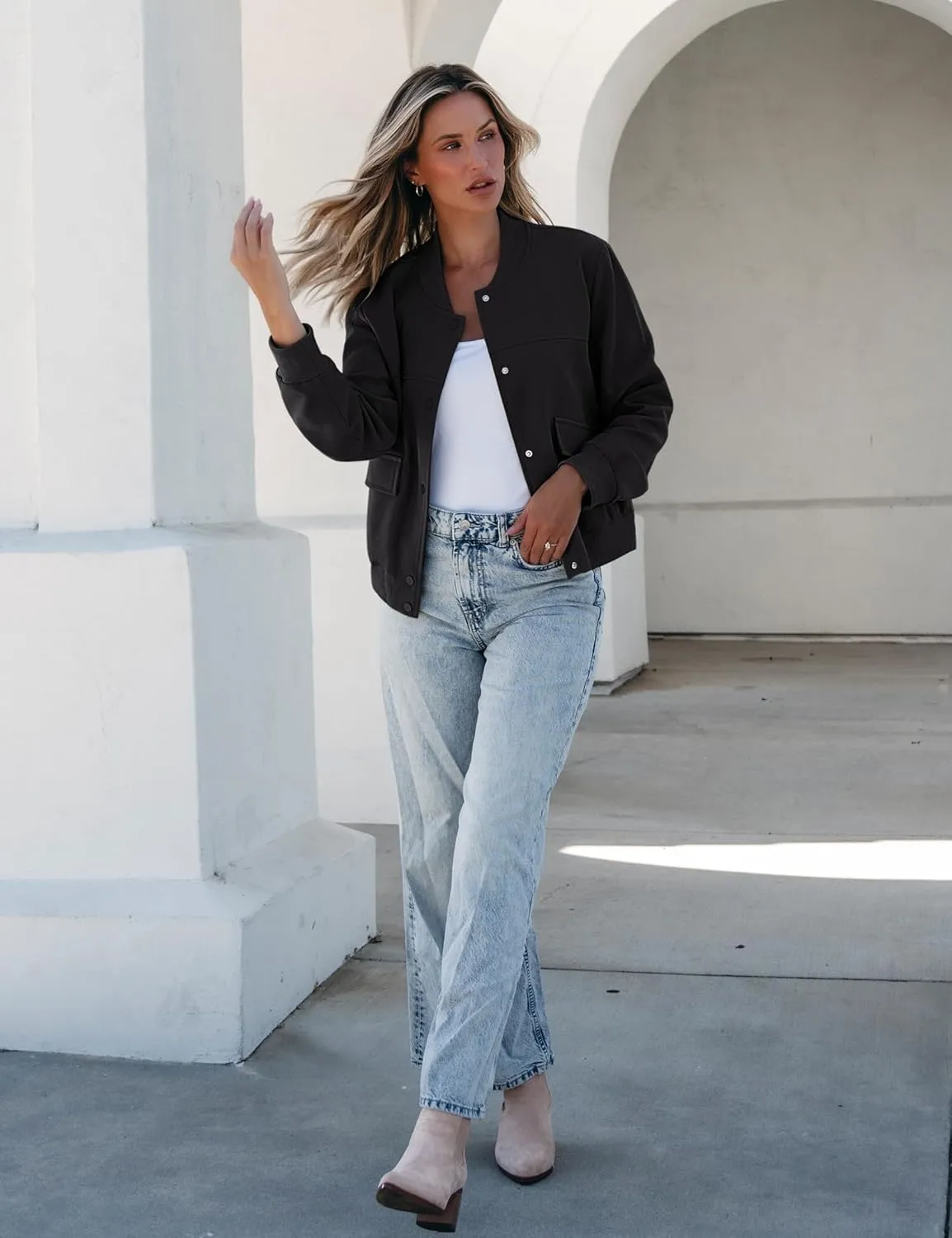 luvamia Bomber Jackets for Women Fall Casual Button Down Long Sleeves Trendy Varsity Jacket Outerwear Coat with Pockets