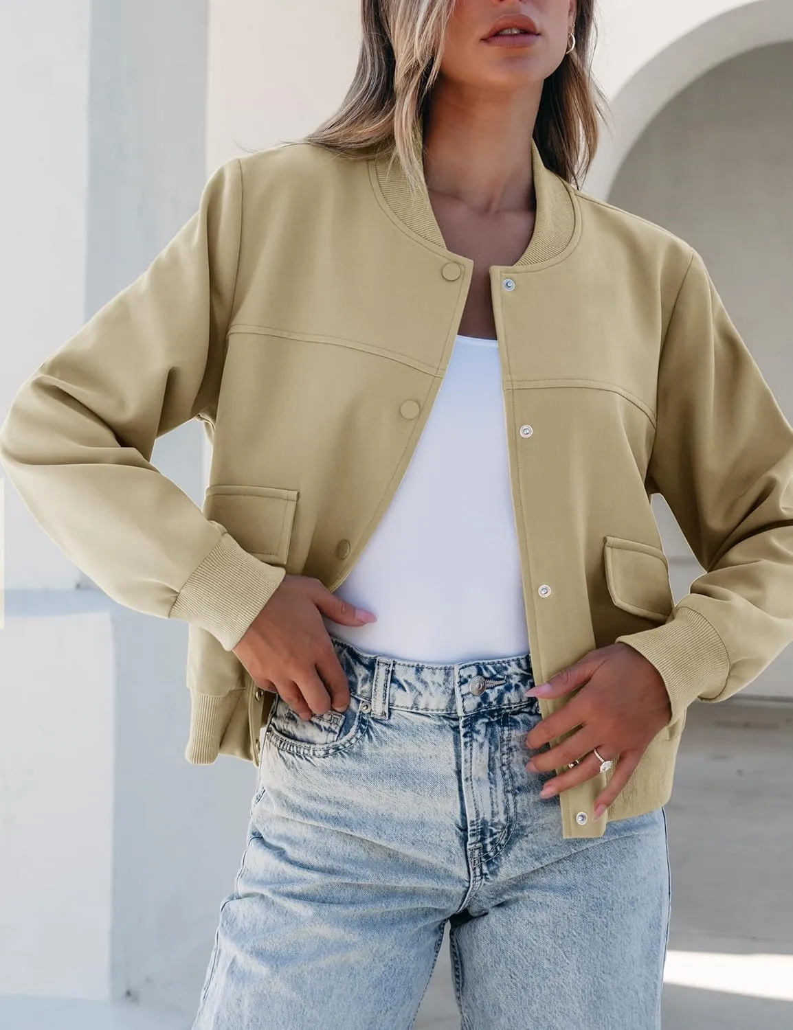 luvamia Bomber Jackets for Women Fall Casual Button Down Long Sleeves Trendy Varsity Jacket Outerwear Coat with Pockets