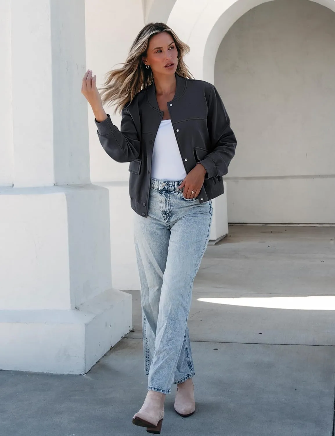 luvamia Bomber Jackets for Women Fall Casual Button Down Long Sleeves Trendy Varsity Jacket Outerwear Coat with Pockets