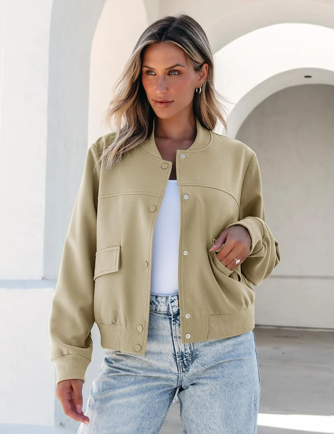luvamia Bomber Jackets for Women Fall Casual Button Down Long Sleeves Trendy Varsity Jacket Outerwear Coat with Pockets