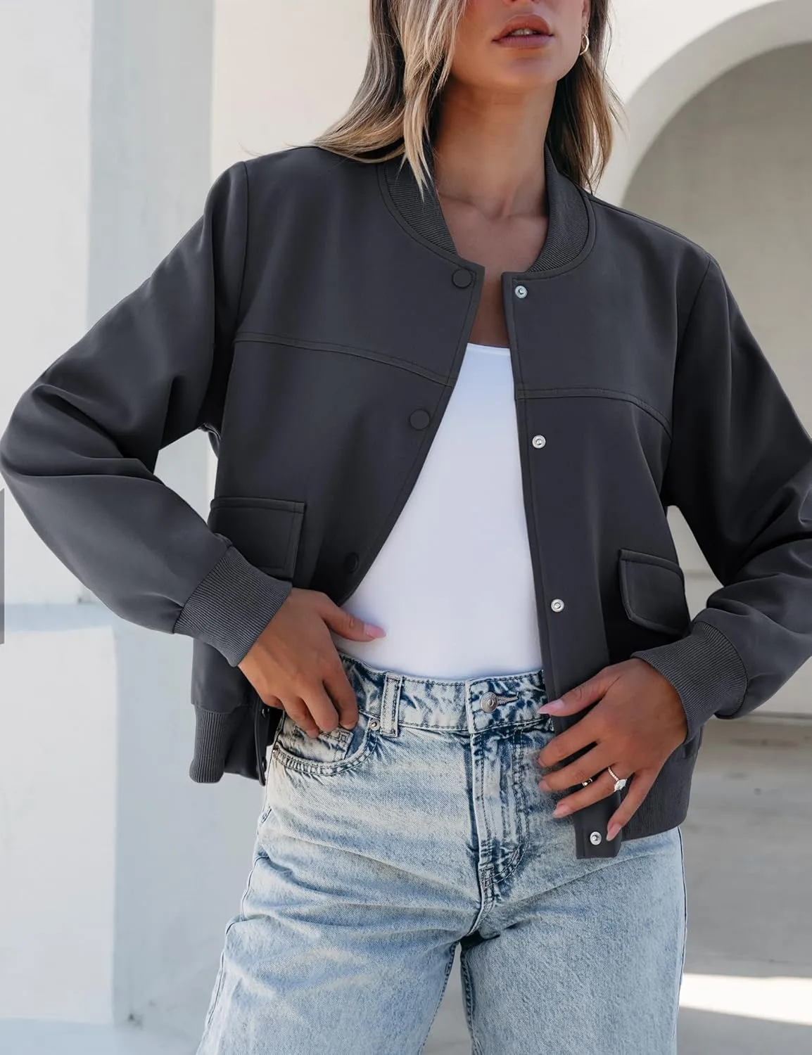 luvamia Bomber Jackets for Women Fall Casual Button Down Long Sleeves Trendy Varsity Jacket Outerwear Coat with Pockets