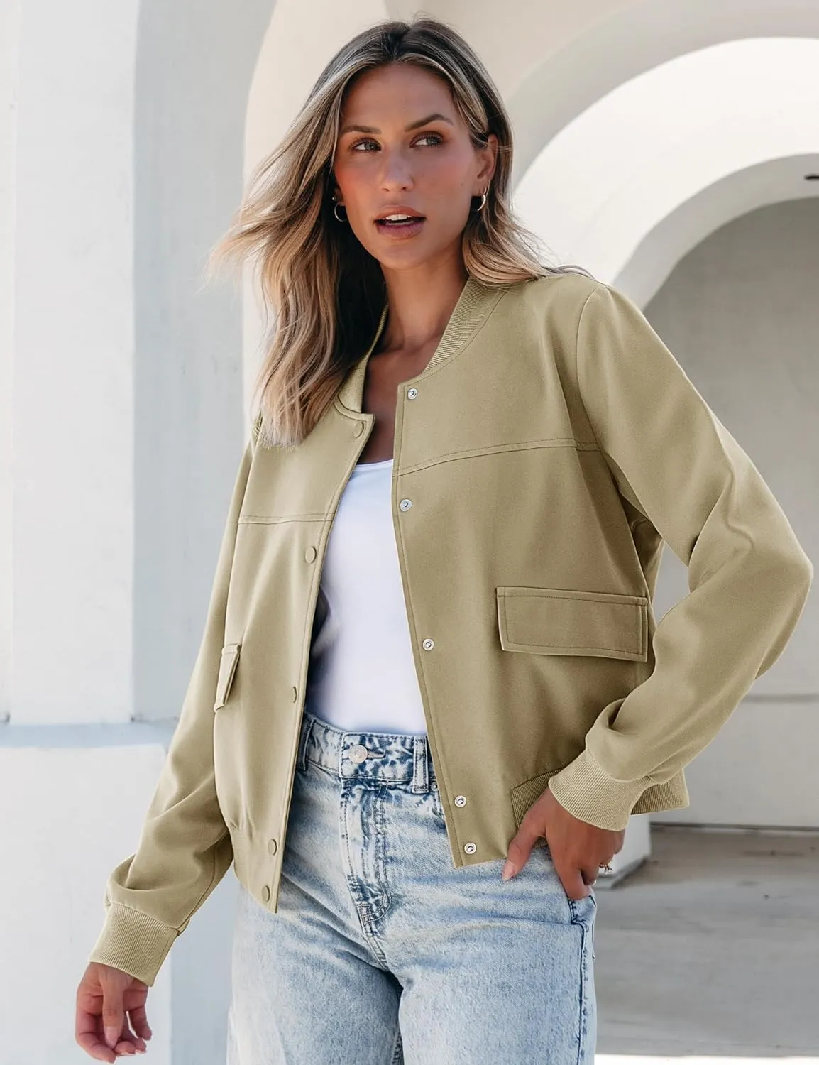 luvamia Bomber Jackets for Women Fall Casual Button Down Long Sleeves Trendy Varsity Jacket Outerwear Coat with Pockets