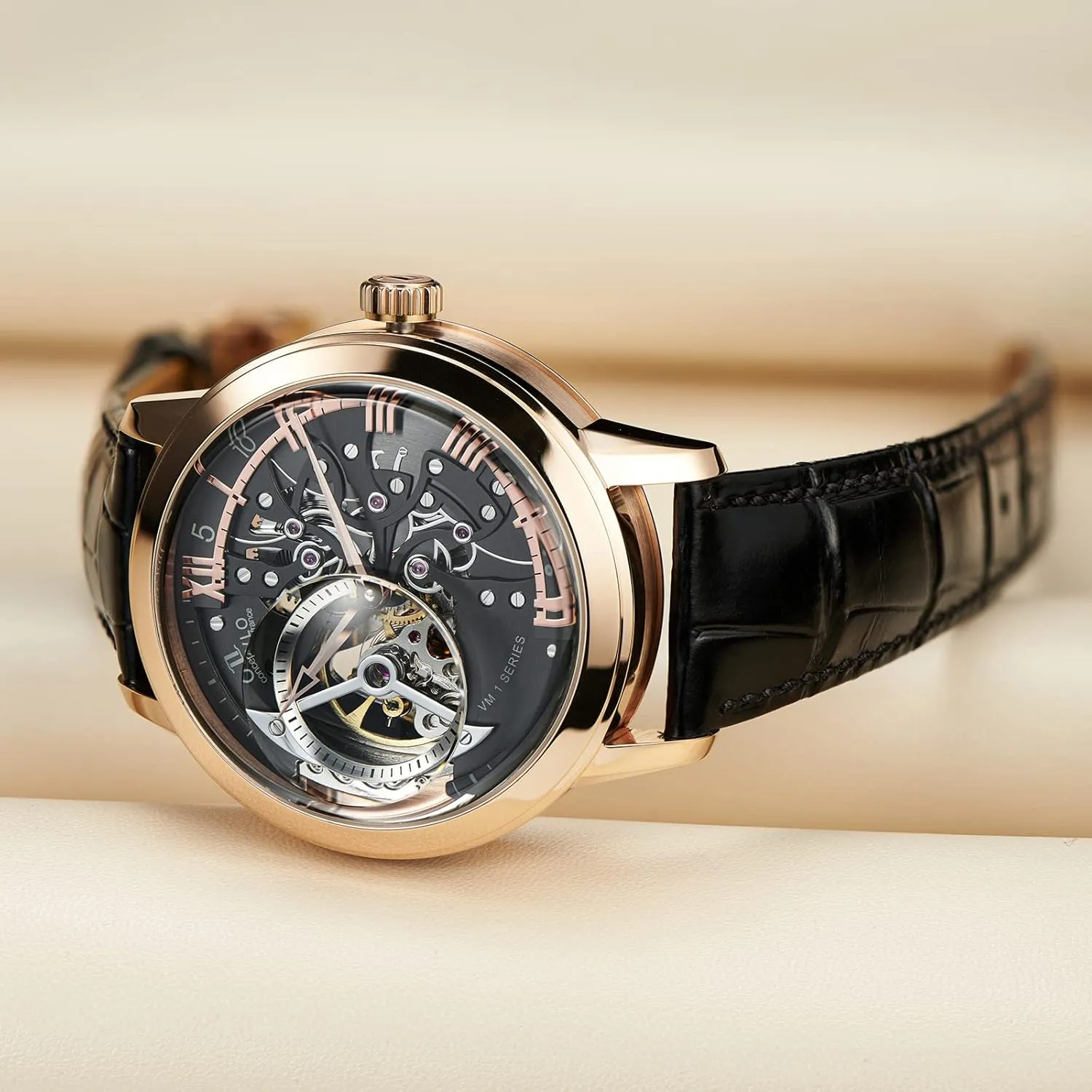 Luxury Rose Gold Watches Men's Skeleton Dial Automatic Watches Leather Strap VM-1