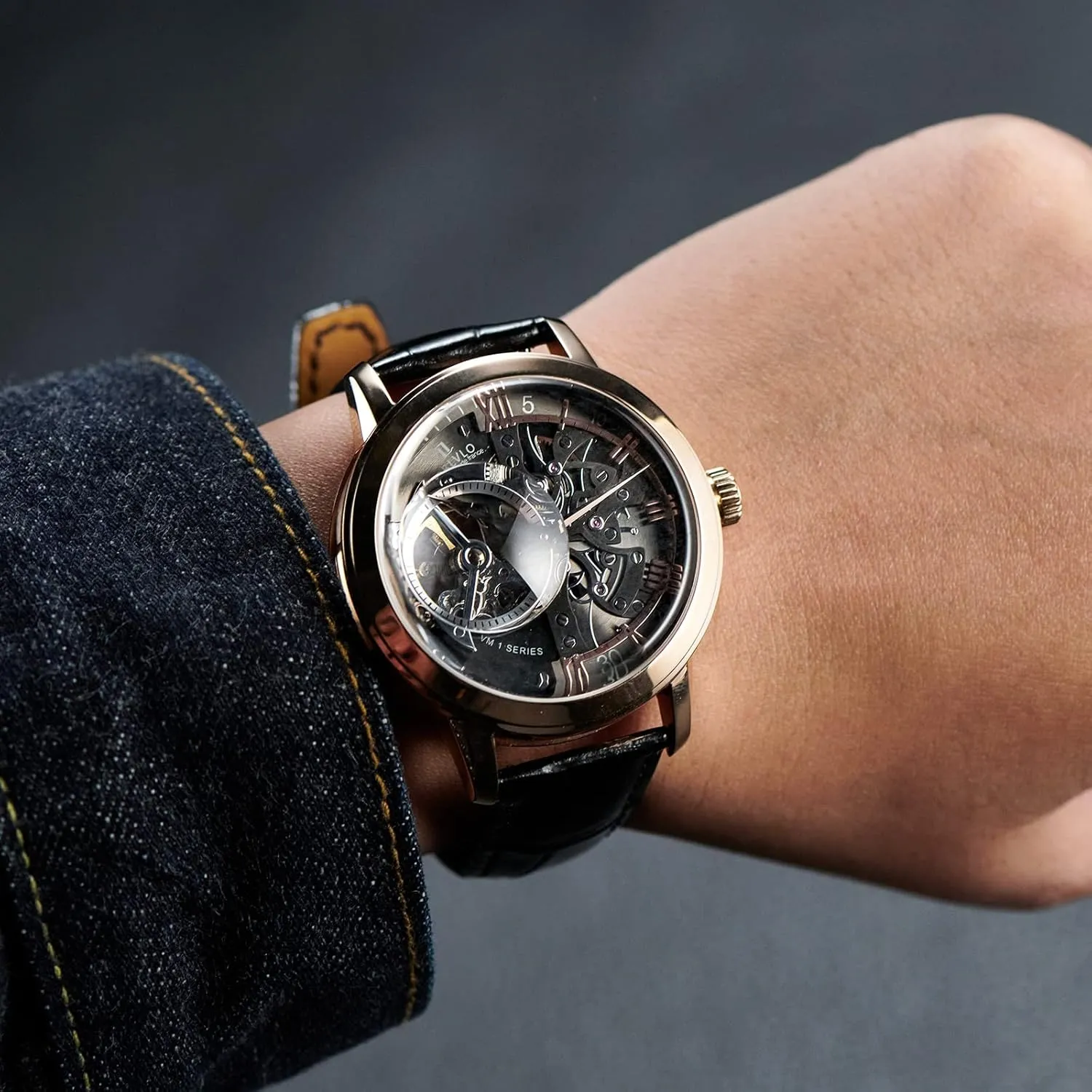 Luxury Rose Gold Watches Men's Skeleton Dial Automatic Watches Leather Strap VM-1