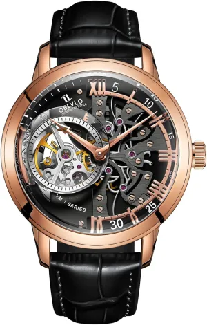 Luxury Rose Gold Watches Men's Skeleton Dial Automatic Watches Leather Strap VM-1