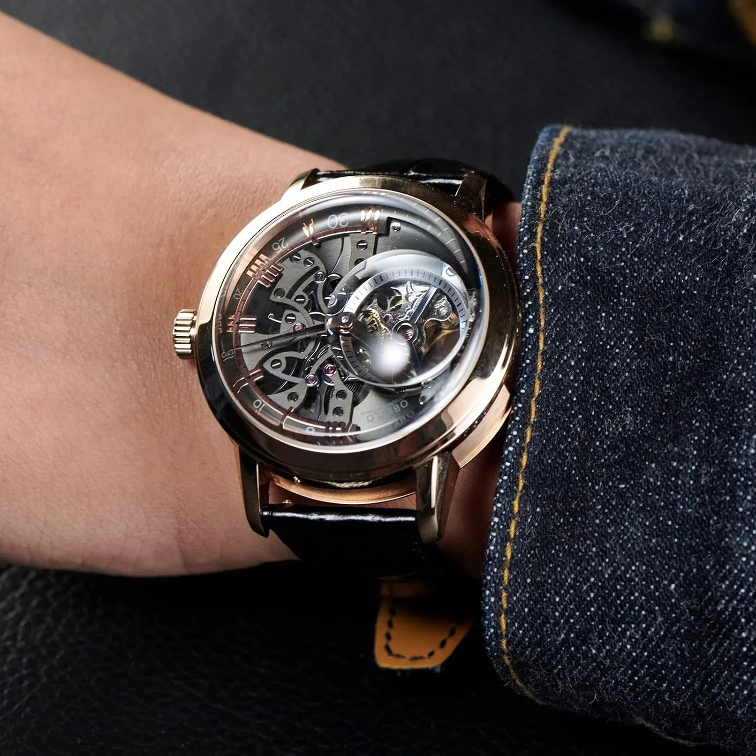 Luxury Rose Gold Watches Men's Skeleton Dial Automatic Watches Leather Strap VM-1