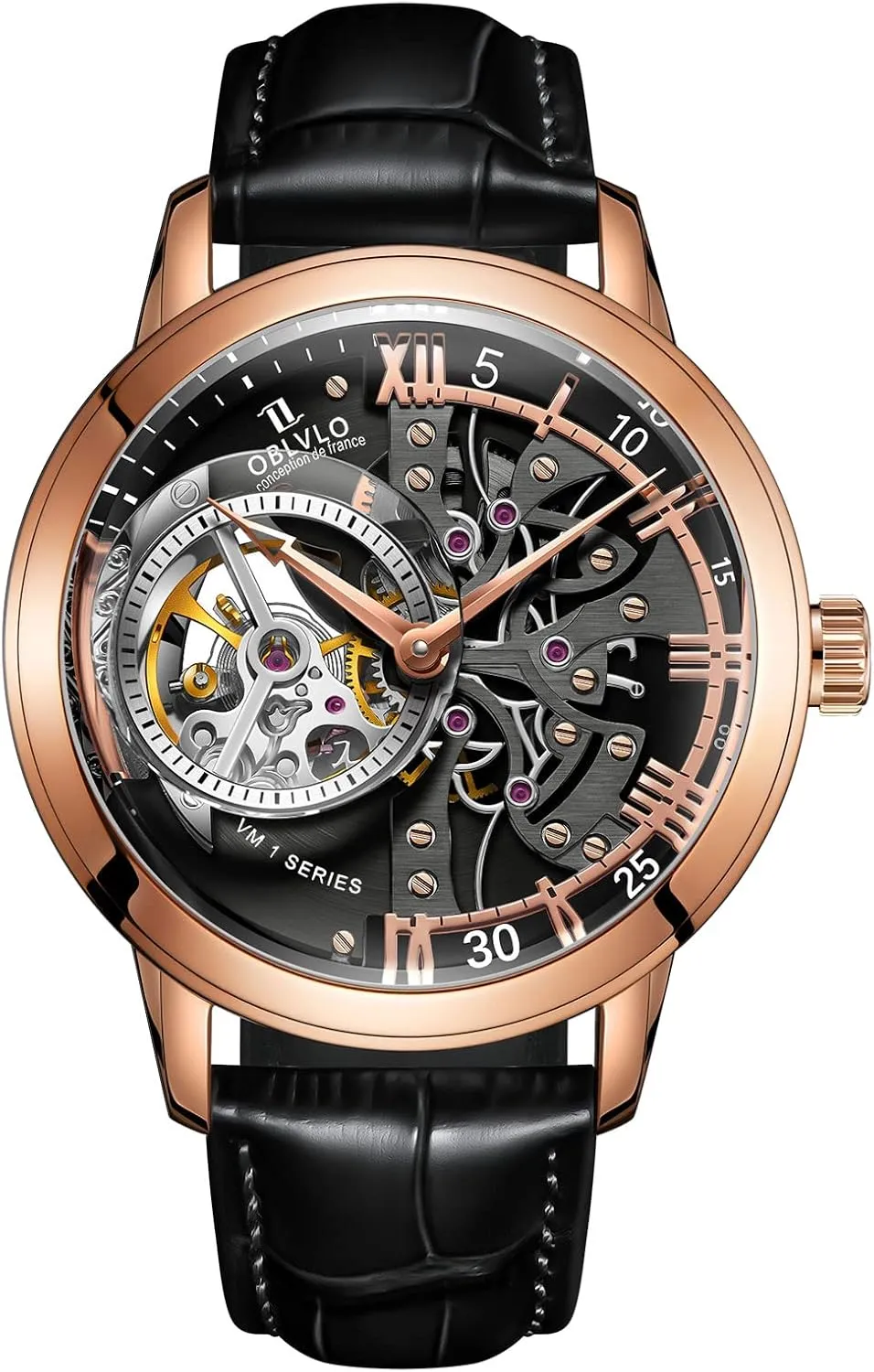Luxury Rose Gold Watches Men's Skeleton Dial Automatic Watches Leather Strap VM-1