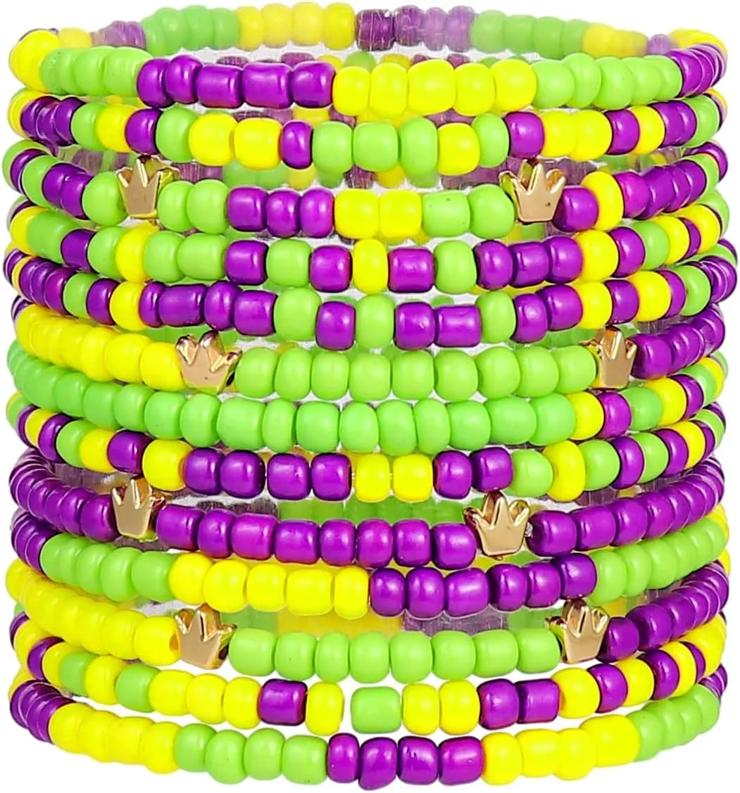 Mardi Gras Stretch Bracelets for Women Layered Mardi Gras Carnival Beaded Bracelets Crown Charm Bohemian Beaded Bracelets Mardi Gras Friendship Costume Jewelry