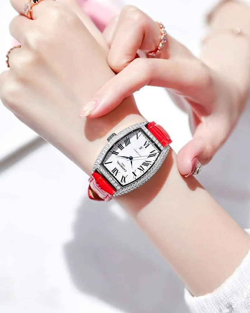 MASTOPWomen's Fashion Luxury Brand Vintage Square Mechanical Automatic Watches Business Leather Strap Sapphire Diamond Wrist Watch Classic Calendar Window Waterproof