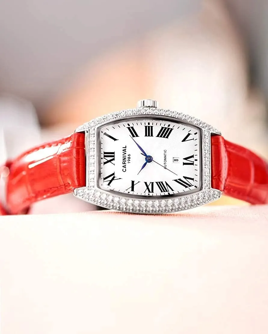 MASTOPWomen's Fashion Luxury Brand Vintage Square Mechanical Automatic Watches Business Leather Strap Sapphire Diamond Wrist Watch Classic Calendar Window Waterproof