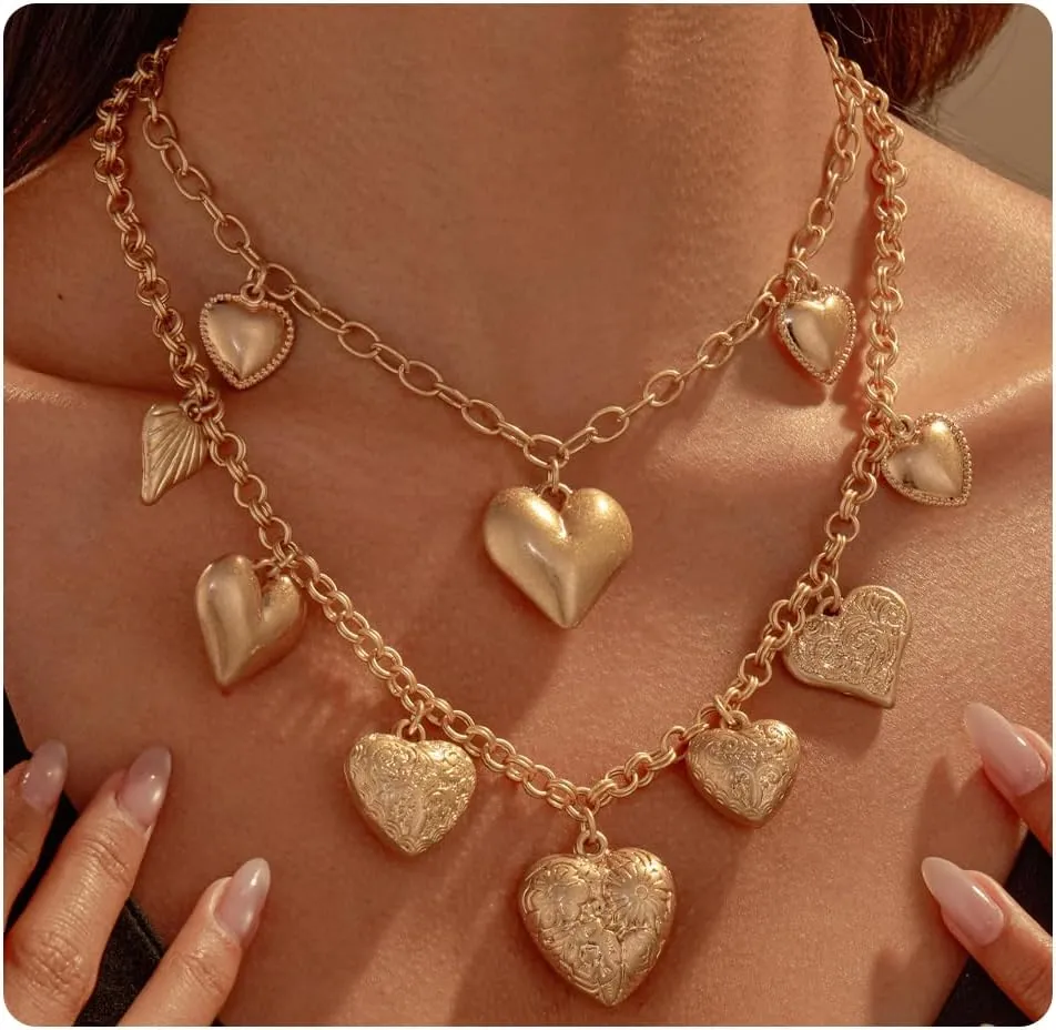 Matte Heart Charms Pendant Layer Necklace for Women Vintage Brushed Gold Plated Chunky Link Chain Love Sweetheart Puff Heart Choker Necklace