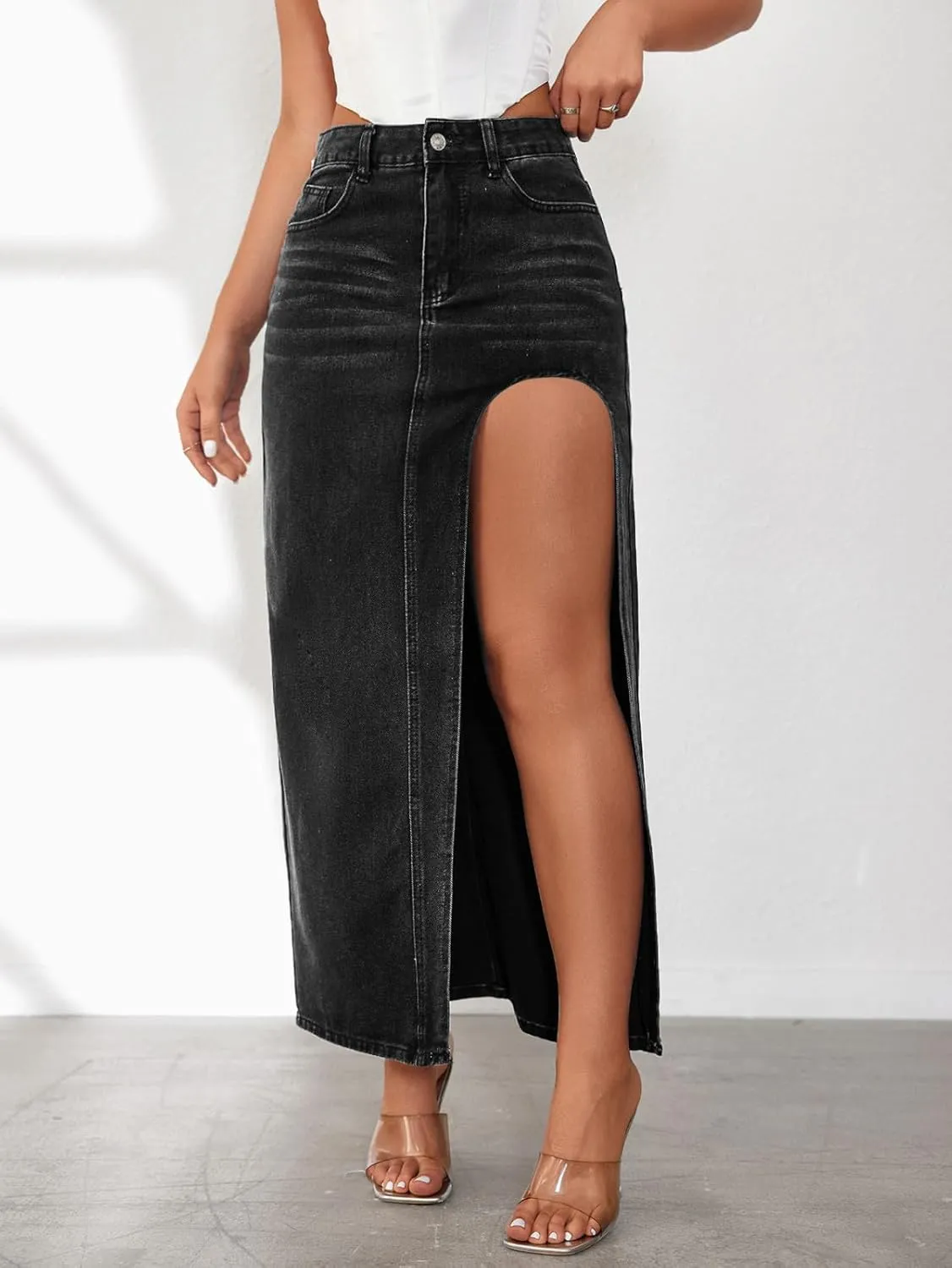 Maxi Skirts for Women High Slit Denim Hip-Wrapped Skirt Floral Print Long Jean Skirts Trendy Sexy Camo Flowy Skirt