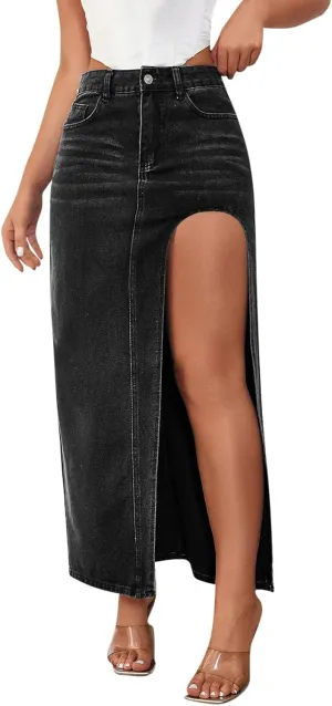 Maxi Skirts for Women High Slit Denim Hip-Wrapped Skirt Floral Print Long Jean Skirts Trendy Sexy Camo Flowy Skirt