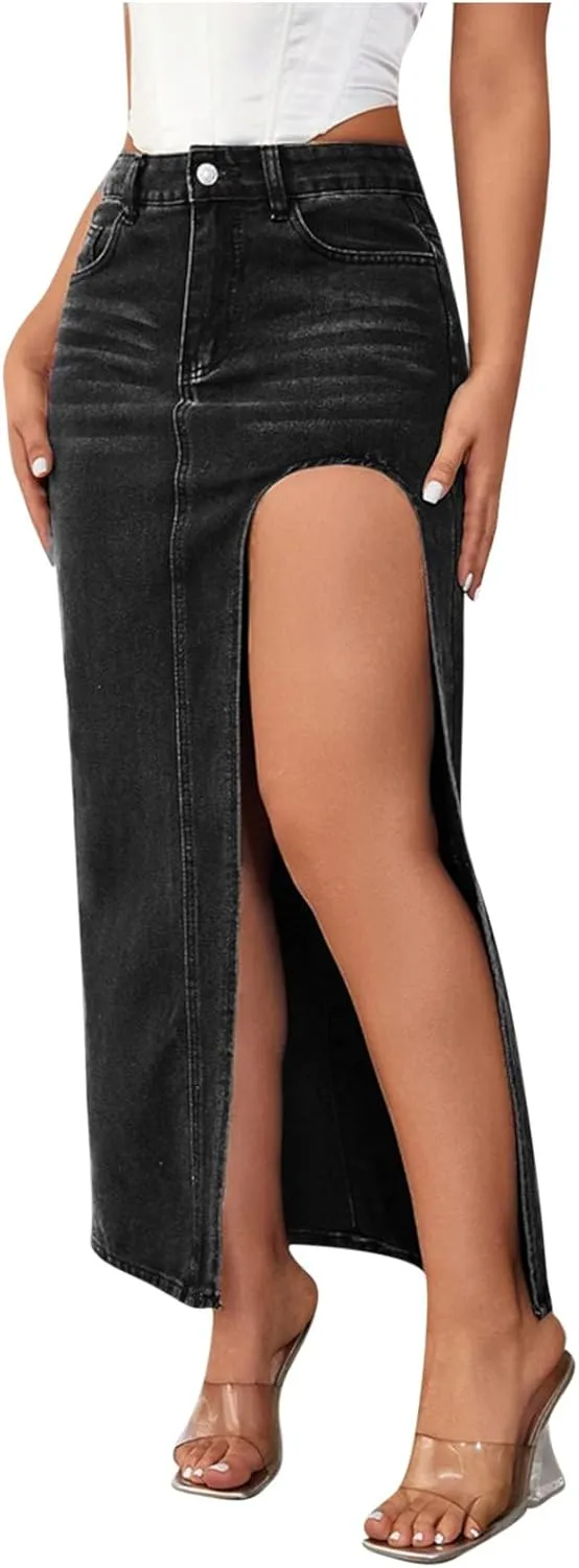 Maxi Skirts for Women High Slit Denim Hip-Wrapped Skirt Floral Print Long Jean Skirts Trendy Sexy Camo Flowy Skirt