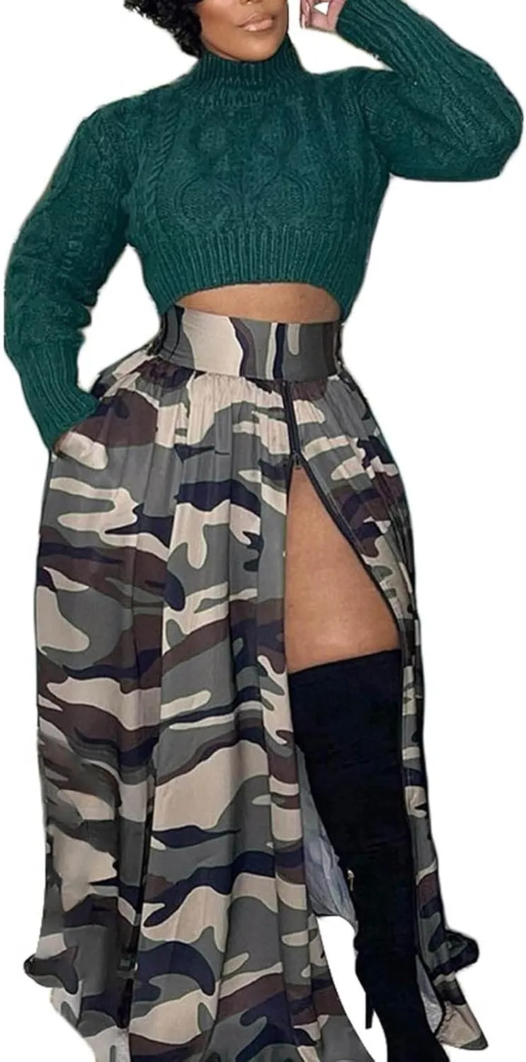 Maxi Skirts for Women High Slit Denim Hip-Wrapped Skirt Floral Print Long Jean Skirts Trendy Sexy Camo Flowy Skirt