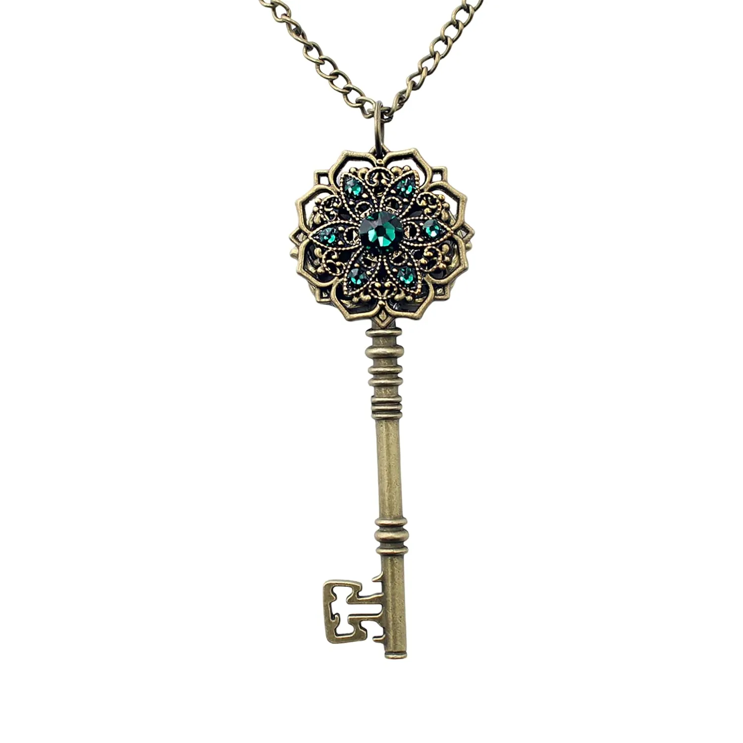 Mayfair Witches Inspired Key Necklace made with Emerald Rhinestones, Magical Jewelry, Fantasy Jewelry, Skeleton Key Pendant