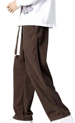 Men Corduroy Cargo Pant Casual Baggy Sweatpant Drawstring Elastic Waist Straight Leg Relaxed Fit Trouser with Pockets