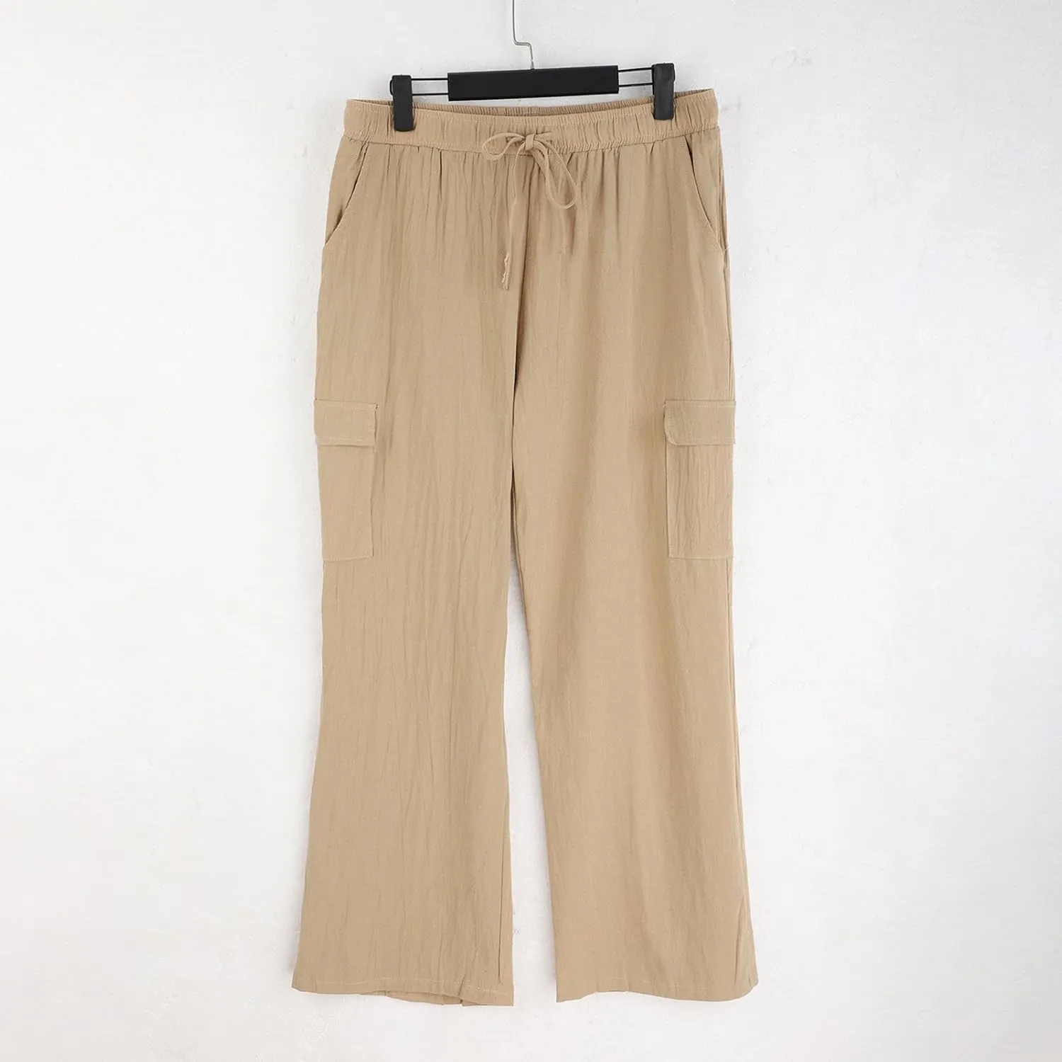 Men Linen Pants with Pockets Plus Size Beach Casual Pants Summer Vacation Open Bottom Slacks Solid Relaxed Trousers