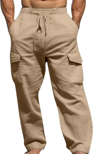 Men Linen Pants with Pockets Plus Size Beach Casual Pants Summer Vacation Open Bottom Slacks Solid Relaxed Trousers