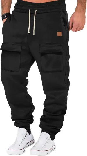 Mens Baggy Drawstring Waist Fleece Lined Relaxed Casual Running Athletic Workout Cargo Jogger Sweat Trousers Pants