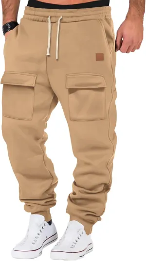 Mens Baggy Drawstring Waist Fleece Lined Relaxed Casual Running Athletic Workout Cargo Jogger Sweat Trousers Pants